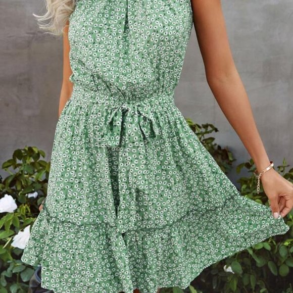 Floral Halter Belted Ruffle Hem Dress - Picture 4 of 4